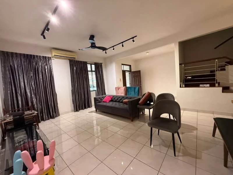 Living features: white painted walls, glossy tile flooring, 5-blade ceiling fan with light, sofa in grey, colorful throw pillows, glass coffee table, curtains in dark grey, floor-to-ceiling windows, wall-mounted lighting, open staircase visible; style: modern.