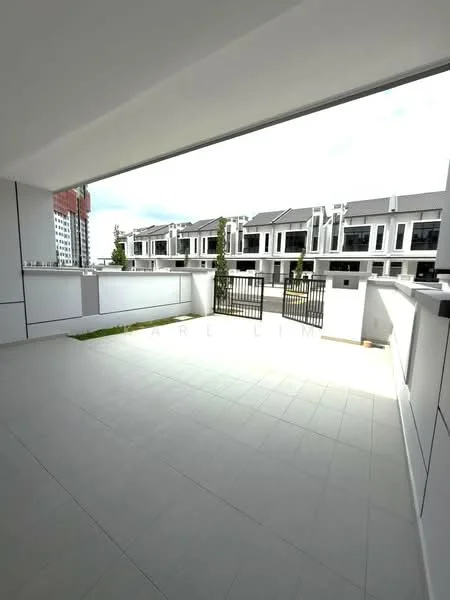 Room features: large balcony, grey tiled flooring, white walls, metal railing, view of neighboring buildings, gated entrance visible, outdoor space, sunlight exposure; style: modern; view: garden.