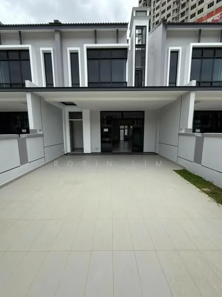 Exterior type: linked terrace house; features: grey painted facade, large glass windows, flat roof, two-storey structure, paved driveway, manicured lawn, modern architectural design, open front space; style: modern.