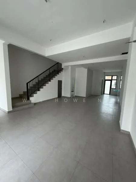Room features: grey tiled flooring, white painted walls, exposed ceiling, staircase with black railing, large windows, open layout, natural light, high ceiling; style: modern.