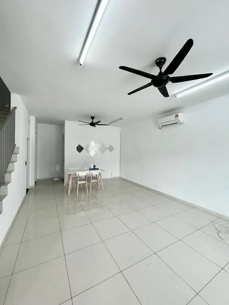 Living features: white painted walls, polished ceramic tile flooring, 2 ceiling fans, dining table with 4 chairs, air conditioning unit, staircase leading to upper floor, decorative wall panels, recessed lighting; style: modern.