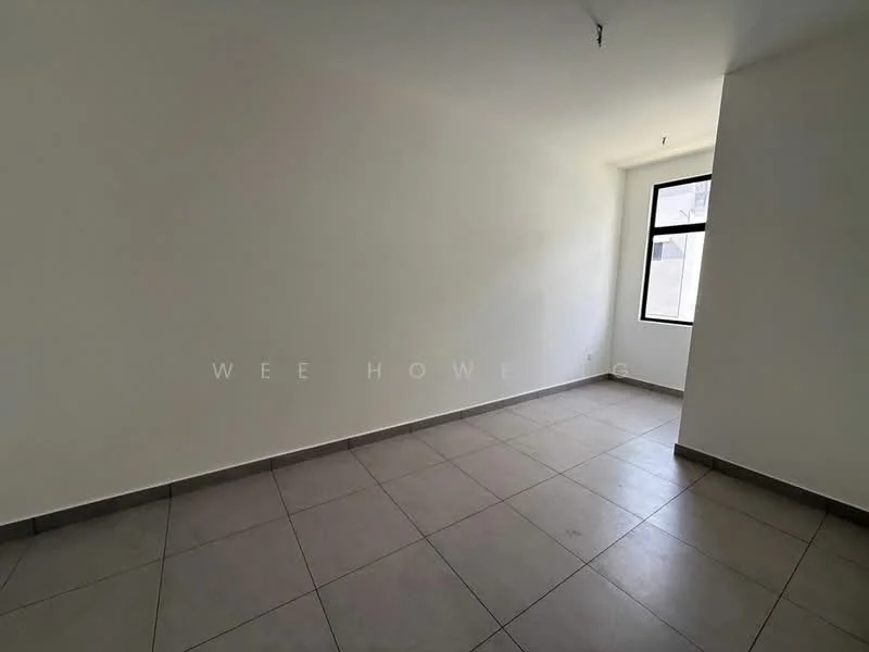 Room features: white painted walls, tile flooring, large window, natural light, neutral color scheme.