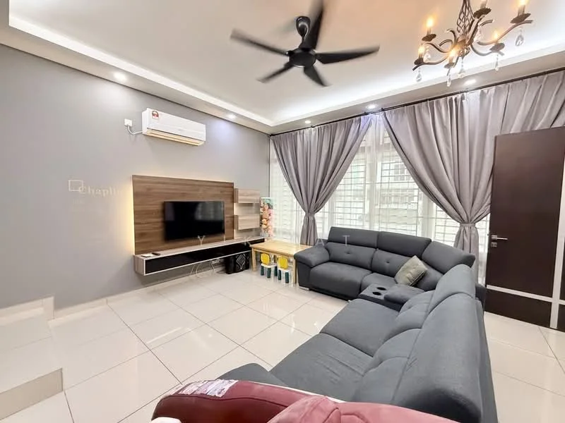 Living features: grey fabric L-shape sectional sofa, wall-mounted TV, wooden TV console, white tiled flooring, recessed downlights, chandelier, 5-blade ceiling fan, floor-to-ceiling windows with sheer curtains, grey accent wall, decorative wall paneling, decorative items on shelves, area rug; style: modern.