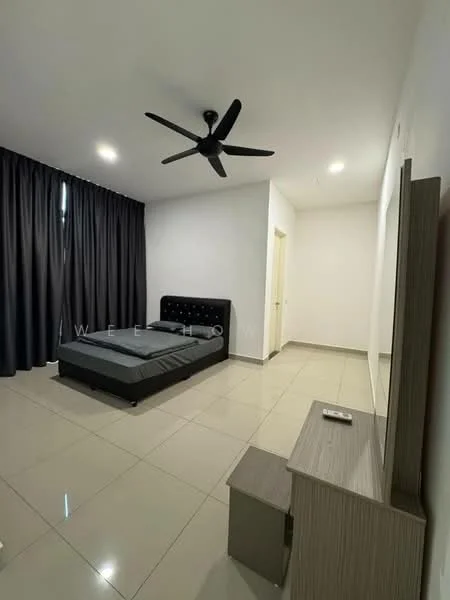 Bedroom features: king-size bed, upholstered headboard, 2 bedside tables, floor-to-ceiling curtains, 5-blade ceiling fan, wall-mounted mirror, glossy tile flooring, neutral painted walls; style: modern.