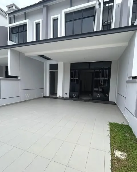 Exterior type: linked terrace house; features: grey painted facade, flat roof, large glass windows, porch area with tiled flooring, manicured lawn, concrete driveway, modern architectural design, two-storey structure; style: modern.