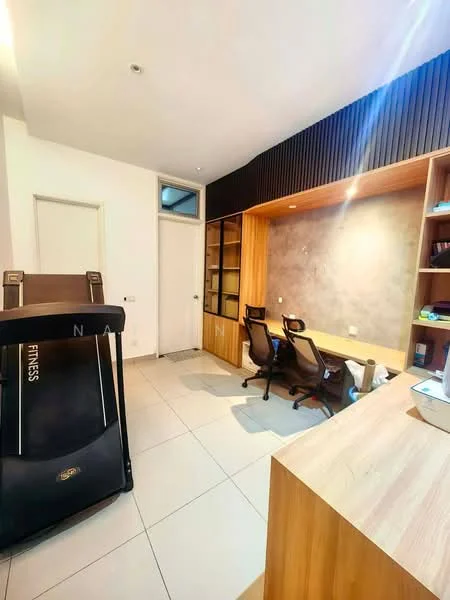 Study features: treadmill, wooden desk, two office chairs, built-in shelving, grey accent wall, white painted walls, tile flooring, recessed lighting; style: modern.