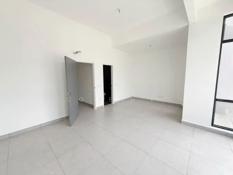 Room features: white painted walls, grey tiled flooring, single door, black framed window, high ceiling, no visible furniture, neutral decor, natural light from window; style: modern.