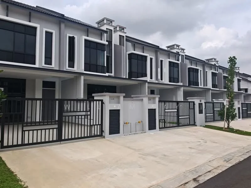 Exterior type: linked terrace house; features: grey painted facade, glass windows, metal railing, two-storey structure, manicured lawn, paved driveway, gated entry, modern architectural design; style: modern.