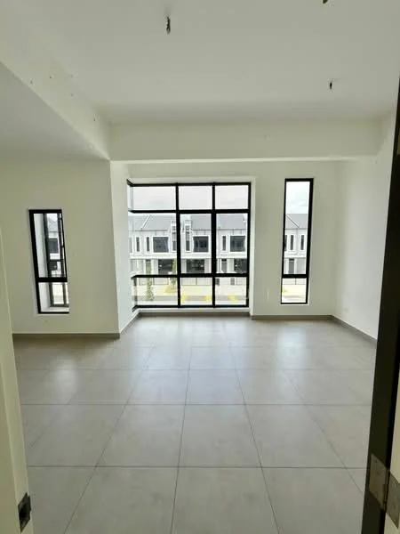 Room features: large floor-to-ceiling windows, neutral painted walls, light-colored tile flooring, multiple smaller windows, open layout, natural light, view of exterior landscape, minimalist design; style: modern; view: garden.