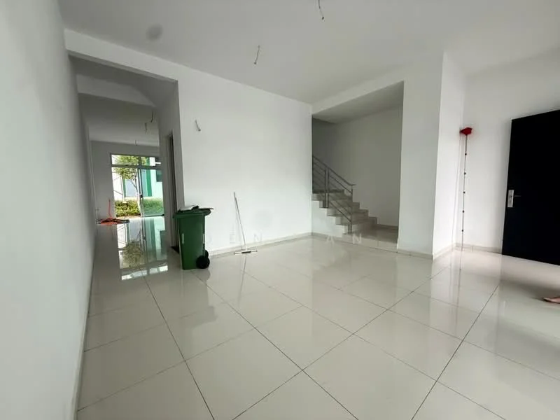 Room features: white painted walls, glossy ceramic tile flooring, staircase with metal railing, large windows allowing natural light, green trash bin, door with black finish, minimalist decor, open layout; style: modern; view: garden.