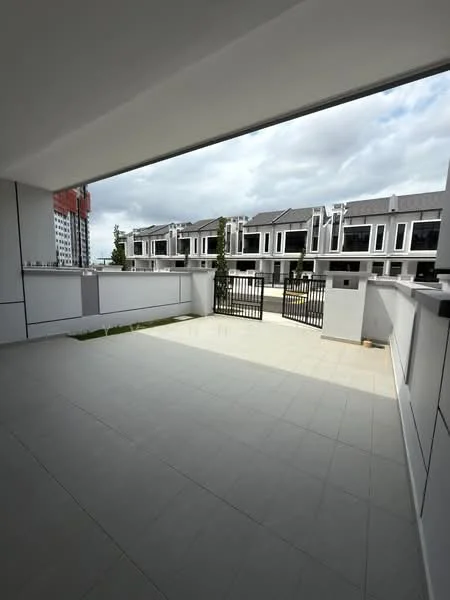 Room features: large balcony, grey tiled flooring, white walls, metal railing, view of neighboring houses, overcast sky, open space, no visible furniture; style: modern; view: garden.