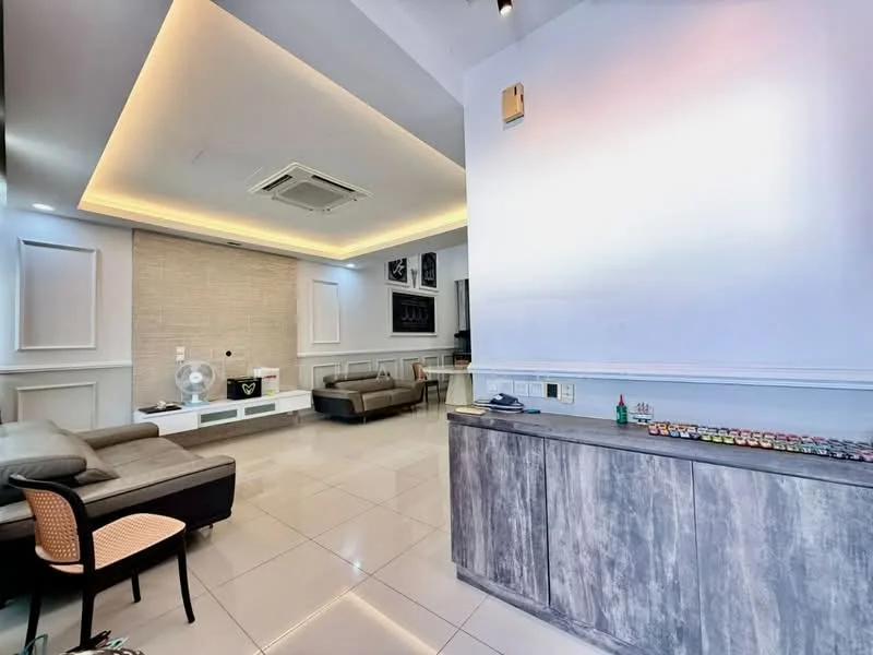 Living features: grey sectional sofa, white wall-mounted TV console, wall-mounted TV, recessed downlights, ceiling-mounted air conditioning unit, white painted walls, cream accent wall with texture, glossy tile flooring, decorative wall art, fan, decorative items on console; style: modern.