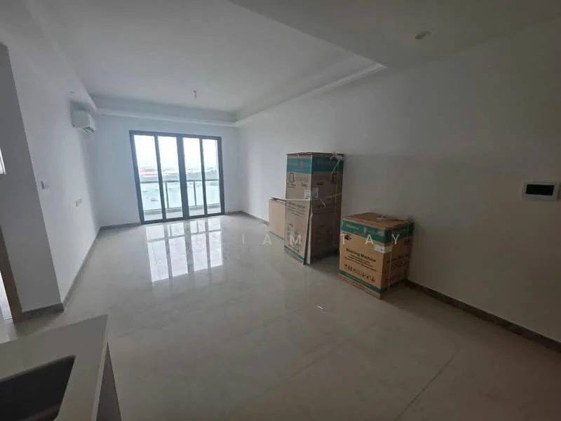 Room features: white painted walls, marble tile flooring, floor-to-ceiling windows, sliding glass door, 1 wall-mounted split AC, unpacked moving boxes, neutral ceiling, recessed downlights; style: modern; view: city.