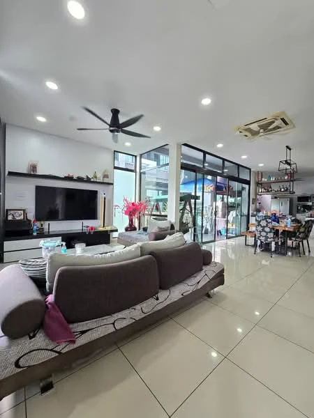 Living features: 3-seater fabric sofa in grey, decorative cushions, coffee table, wall-mounted TV, TV console, ceiling fan with light, recessed LED downlights, large glass sliding doors, tile flooring, open layout to dining area, decorative wall art, potted plants, area rug with geometric pattern; style: modern; view: garden. Dining features: 6-seater dining table, upholstered dining chairs, hanging pendant light, open layout to living area; style: modern; view: garden.