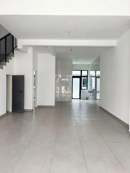 Room features: white painted walls, grey tiled flooring, large windows, double-height ceiling, staircase with black railing, open layout, mirror on wall, door to utility area; style: modern.