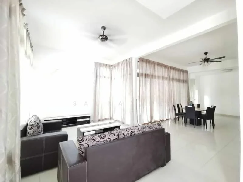 Living features: 3-seater fabric sofa in dark brown, decorative cushions, coffee table with glass top, floor-to-ceiling windows, sheer curtains, 5-blade ceiling fan with light, wall-mounted TV console, polished tile flooring, neutral wall color, area rug with geometric pattern; style: modern. Dining features: 6-seater dining table, upholstered dining chairs, neutral wall color, polished tile flooring; style: modern.