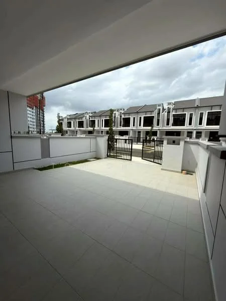Room features: large open terrace, grey tiled flooring, white walls, metal railing, gated access view, surrounding residential buildings, overcast sky; style: modern; view: garden.