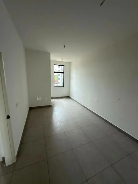 Room features: white painted walls, grey tiled flooring, single window, no visible furniture, neutral lighting, minimal decor, plain ceiling, no visible HVAC units; style: modern.
