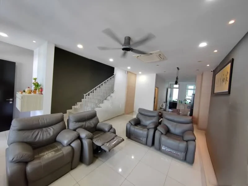Living features: 3-seater leather recliner sofa in grey, 2-seater leather recliner sofa in grey, white tiled flooring, black accent wall, recessed LED downlights, ceiling fan, wall-mounted air conditioning unit, decorative wall art, staircase in background; style: modern.