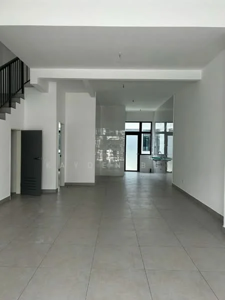 Room features: white painted walls, grey tiled flooring, large windows, open layout, staircase, ceiling lights, sliding glass door, corner space for kitchen, utility area, high ceiling; style: modern.