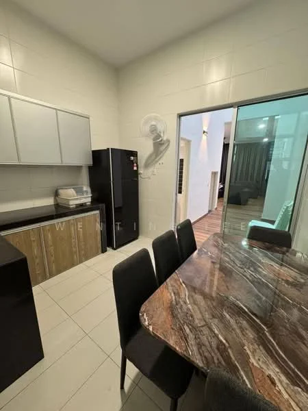 Kitchen features: white cabinetry with flat-panel doors, wooden lower cabinets, black refrigerator, marble dining table, black upholstered dining chairs, sliding glass door, tile flooring, kitchen sink, countertop with marble finish, built-in microwave; style: modern.