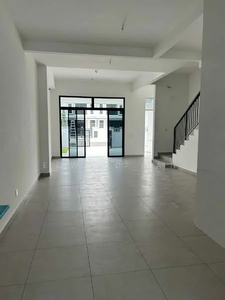 Room features: white painted walls, grey tiled flooring, large glass sliding doors, open layout, high ceiling, staircase with metal railing, natural light from windows, minimalist design; style: modern; view: garden.