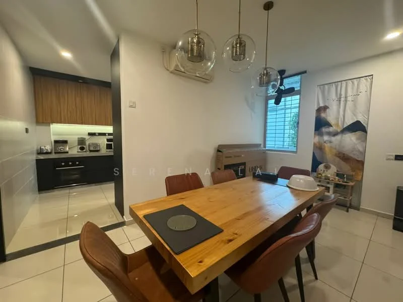 Dining features: wooden dining table, 4 upholstered dining chairs, pendant lighting, wall-mounted air conditioning unit, white painted walls, tile flooring, decorative wall art, window with blinds; style: modern. Kitchen features: black cabinetry, stainless-steel appliances, countertop with backsplash, open layout to dining area; style: modern.