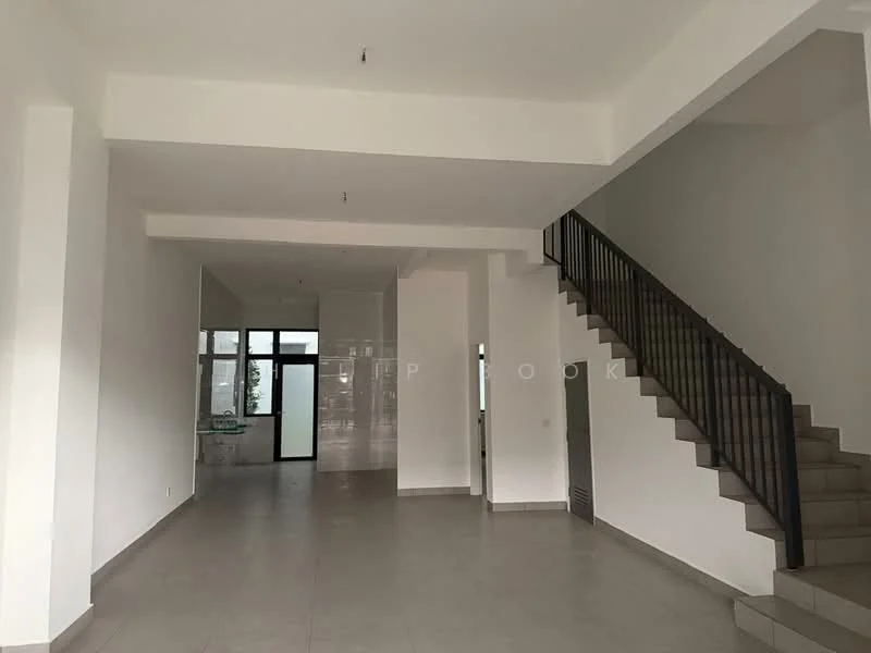 Living features: white painted walls, grey tiled flooring, high ceiling, large windows, staircase with metal railing, open layout, natural light, neutral color palette; style: modern. Room features: white painted walls, grey tiled flooring, large windows, open layout, natural light.
