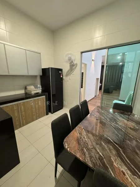 Kitchen features: white cabinetry with upper cabinets, dark wood lower cabinets, black refrigerator, marble dining table, black upholstered dining chairs, tile flooring, recessed downlights, sliding glass door, kitchen sink, countertop with marble finish; style: modern.