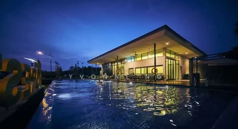 Exterior type: clubhouse; features: modern architectural design, large glass windows, flat roof, swimming pool with water feature, pool deck with loungers, landscaped surroundings, outdoor lighting, paved walkway, lifebuoy station, surrounding palm trees; style: modern.