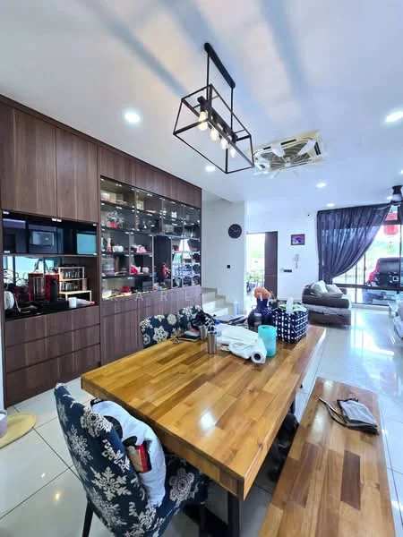 Dining features: wood dining table, upholstered dining chairs with floral pattern, pendant light fixture, built-in cabinetry with glass doors, decorative items on shelves, white walls, ceramic tile flooring, air conditioning unit, large window with sheer curtains, open layout to living area; style: modern.
