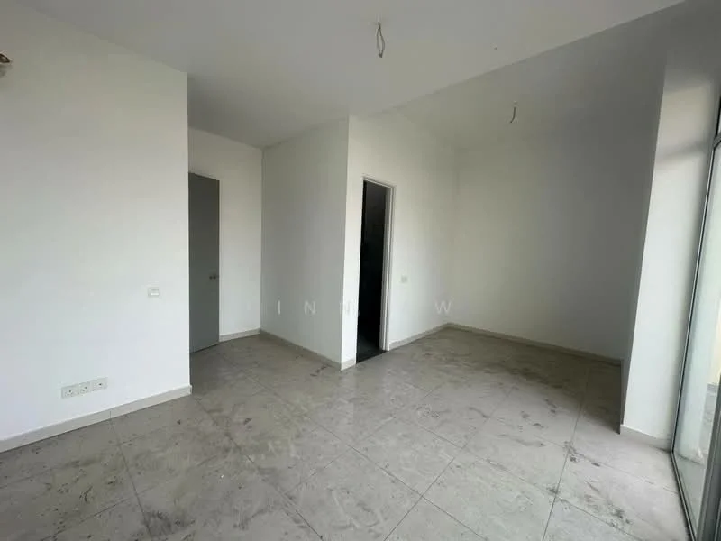 Room features: white painted walls, grey tiled flooring, large windows, doorway to adjacent room, doorway to hallway, no visible furniture or decor, ceiling with no fixtures, neutral color scheme; style: modern.