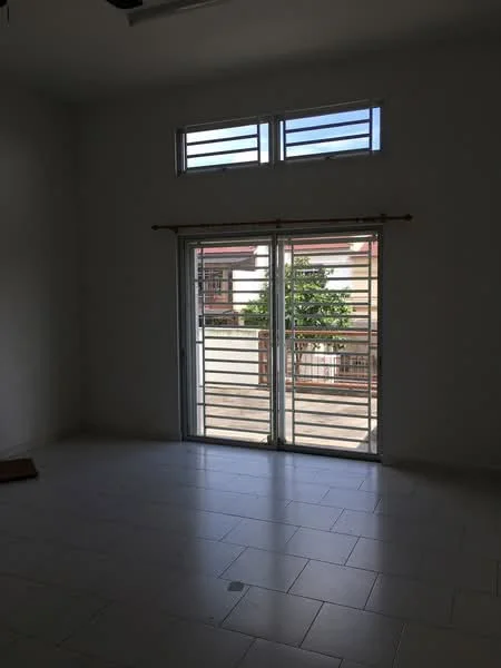 Room features: white painted walls, tile flooring, sliding glass door, louvered windows, natural light from windows, view of outdoor area; style: modern; view: garden.