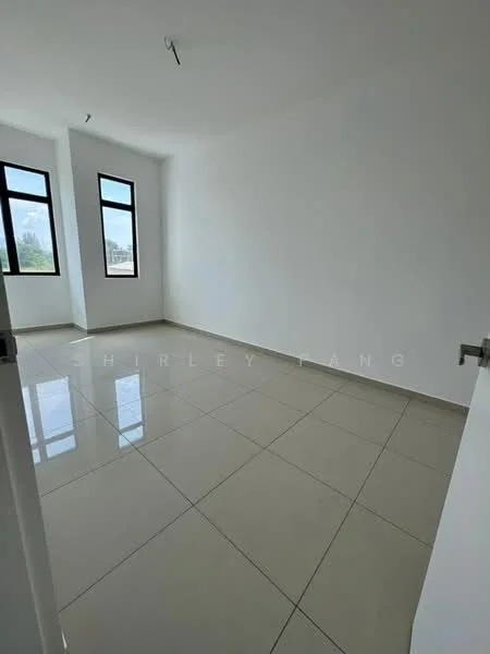 Room features: white painted walls, glossy ceramic tile flooring, large windows with black frames, natural light from windows, no visible furniture or decor, neutral color scheme, high ceiling, minimalist design; style: modern; view: city.