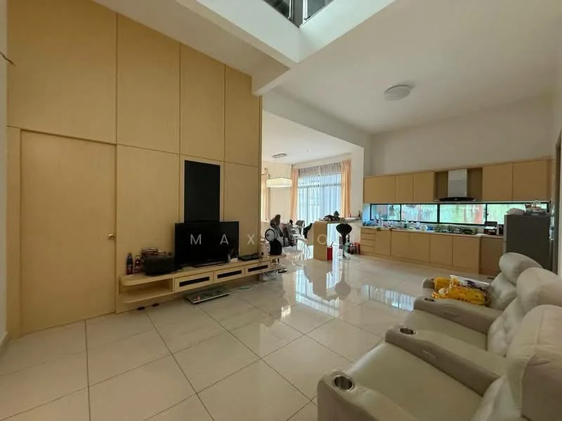 Living features: cream painted walls, white ceiling, tile flooring, large windows with sheer curtains, built-in cabinetry, TV console, wall-mounted TV, reclining armchairs, dining area visible in background, open layout, natural light, decorative plants; style: modern.