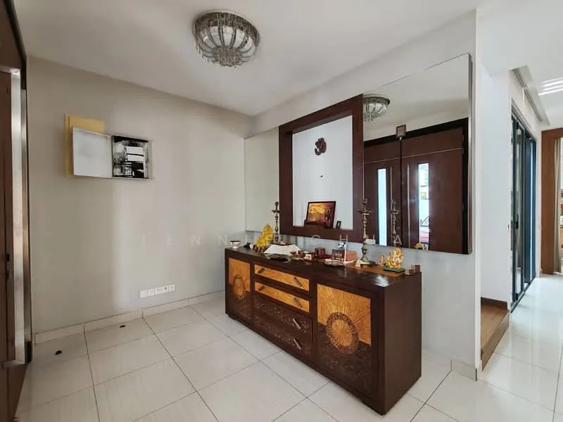 Room features: white tiled flooring, mirror wall, wooden console table with decorative carvings, decorative items on console table, ceiling light fixture, glass sliding door, wooden door, neutral wall color, open layout, natural light from sliding door; style: modern.