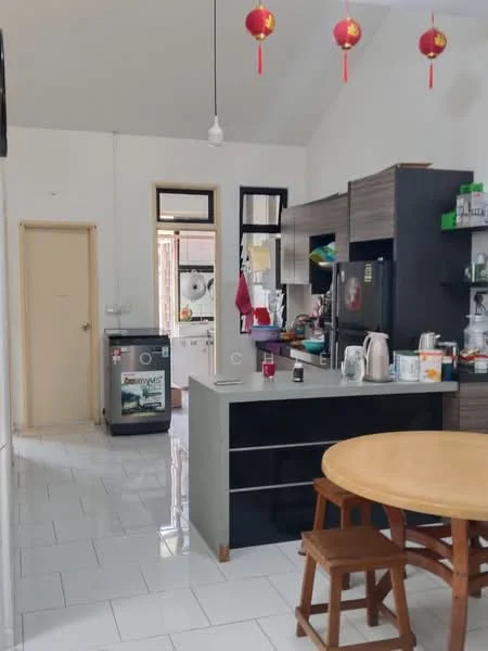 Kitchen features: grey countertop, black cabinetry, stainless-steel fridge, built-in oven, kettle, toaster, microwave, sink, pendant light, white tiled flooring, white painted walls, wooden dining table, wooden chairs; style: modern.