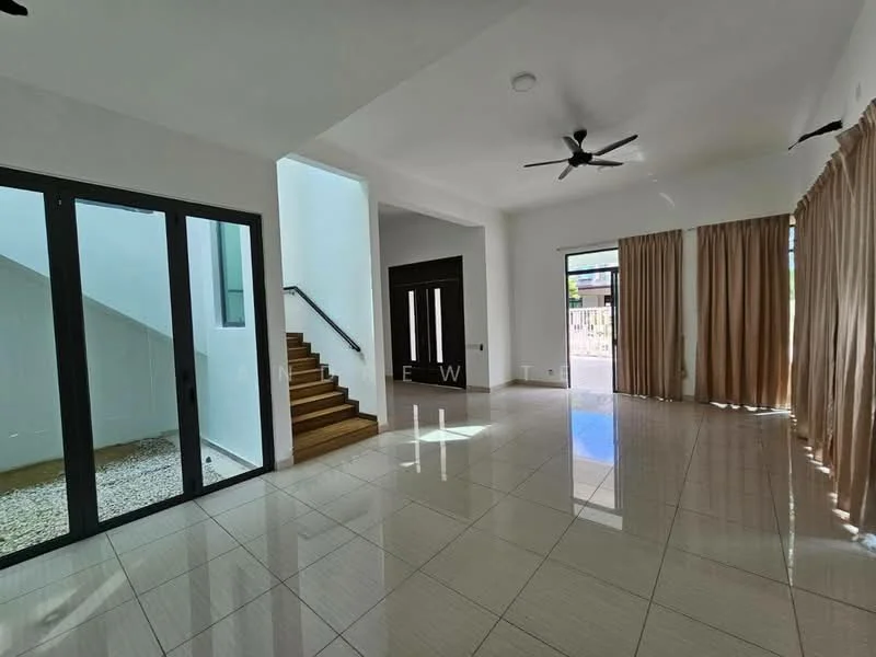 Living features: white painted walls, glossy tile flooring, 5-blade ceiling fan, large glass sliding doors, curtains in beige, staircase with wooden steps, natural light from windows, open layout, corner for indoor plants; style: modern; view: garden.