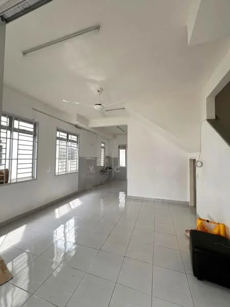 Room features: white painted walls, glossy white tile flooring, ceiling fan, large windows with metal frames, natural light from windows, open layout, sloped ceiling, corner staircase, utility area visible in background, minimalist decor; style: modern.