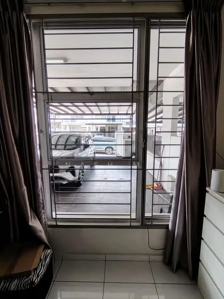 Room features: floor-to-ceiling window, metal grilles, curtains in grey, white tiled flooring, visible car in parking area, indoor space with natural light, neutral wall color; style: modern; view: parking.