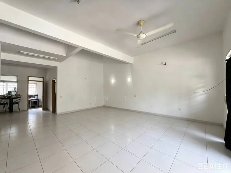 Room features: white painted walls, tile flooring, ceiling fan, recessed lighting, large windows, open layout, neutral color scheme, no visible furniture; style: modern.