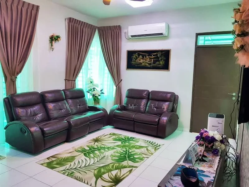 Living features: 3-seater leather sofa in dark brown, 2-seater leather sofa in dark brown, area rug with tropical leaf pattern, wall-mounted air conditioning unit, curtains in light brown, framed artwork on wall, potted plants, white tiled flooring, decorative wall paneling, TV console, freestanding air purifier; style: modern.