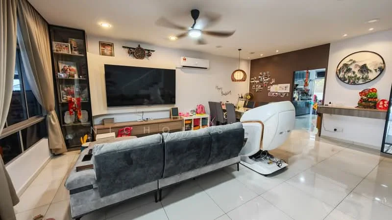 Living features: grey fabric 3-seater sofa, wall-mounted TV, wooden TV console, white painted walls, recessed downlights, ceiling fan, large windows with sheer curtains, decorative wall art, open shelving with decorative items, tile flooring, air conditioning unit; style: modern.