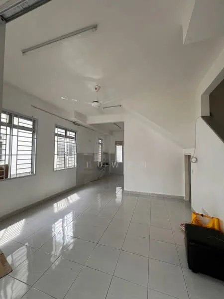 Room features: white painted walls, tile flooring, ceiling fan, large windows, natural light, sloped ceiling, doorway, corner wall, light fixtures; style: modern.