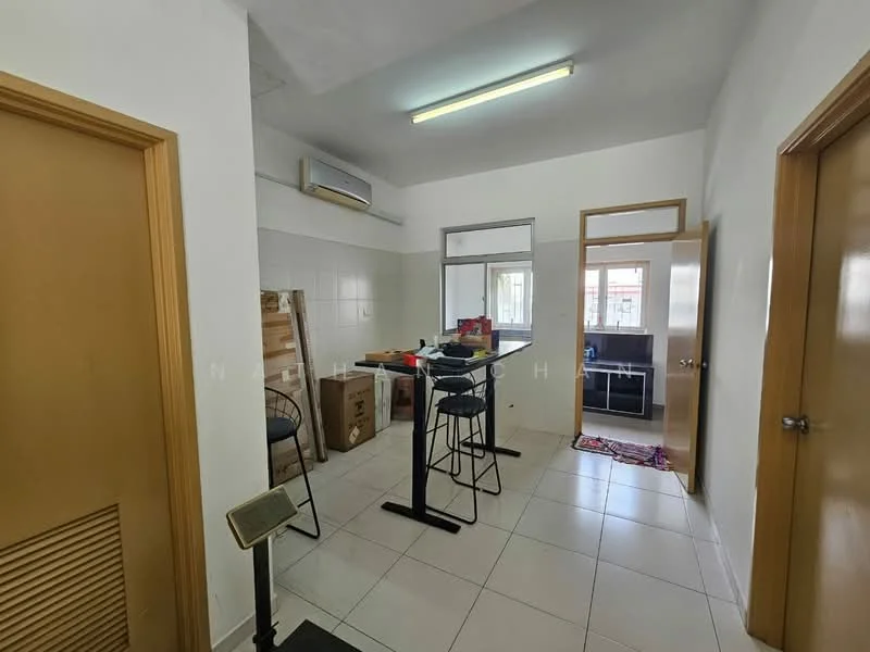 Kitchen features: white tiled walls, white tiled flooring, 1 wall-mounted split AC, kitchen island with bar stools, wooden cabinetry, window with natural light, open layout, doorway leading to another room; style: modern. Room features: wooden door, light-colored walls.