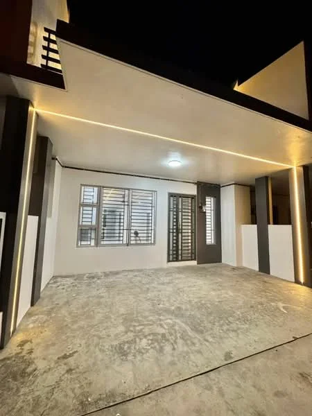 Exterior features: concrete flooring, white painted walls, black accent walls, sliding glass door, horizontal louvre windows, recessed lighting, exposed ceiling, modern architectural design; style: modern.