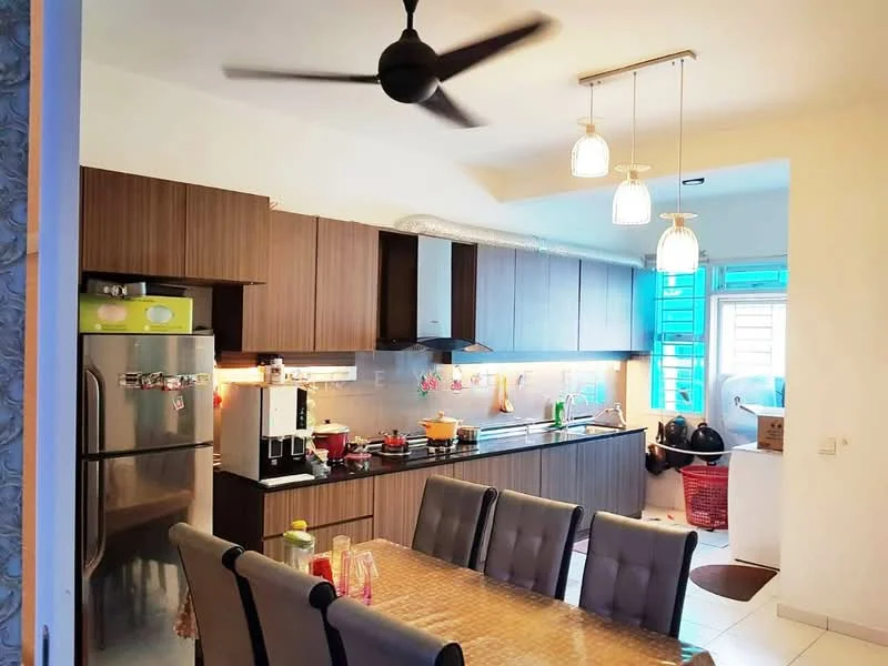 Kitchen features: brown wooden cabinetry, black granite countertop, stainless-steel fridge, built-in oven, 4-burner gas hob, stainless-steel range hood, pendant lighting, 5-blade ceiling fan, double-bowl stainless-steel sink, window with blue frame, tile flooring, dining table with beige upholstery, kitchen utensils on countertop, open shelving; style: modern.