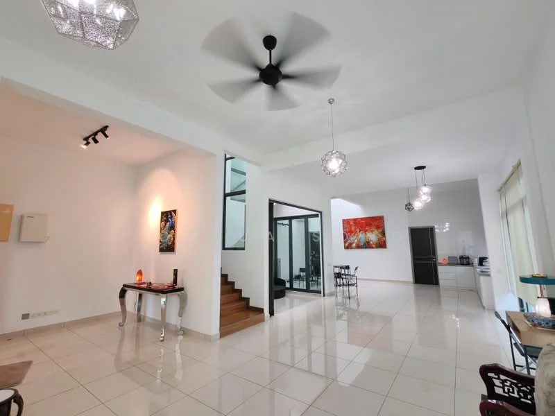 Living features: white painted walls, glossy tile flooring, 5-blade ceiling fan with light, recessed downlights, pendant lighting, staircase with wooden steps, glass wall partition, decorative artwork, dining table with chairs, kitchen area visible in background; style: modern.