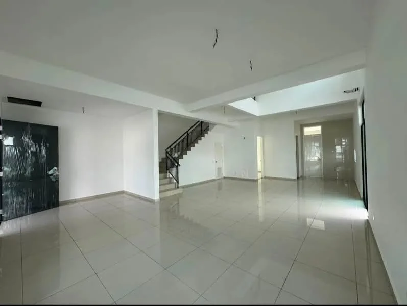 Living features: white painted walls, glossy ceramic tile flooring, high ceiling, staircase with metal railing, large windows for natural light, open layout, recessed lighting, no visible furniture; style: modern.