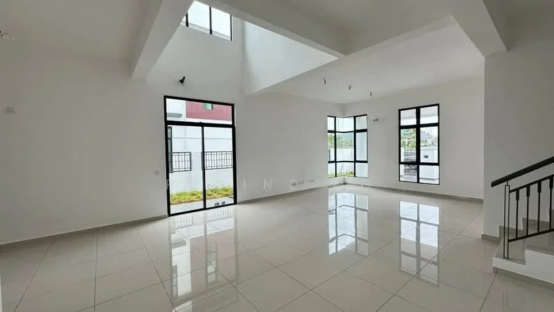 Living features: white painted walls, polished ceramic tile flooring, large floor-to-ceiling windows, multiple windows with black frames, high ceiling, recessed downlights, open layout, staircase with metal railing; style: modern; view: garden.